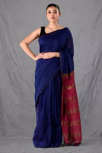 blue & maroon colourblocked cotton blend saree