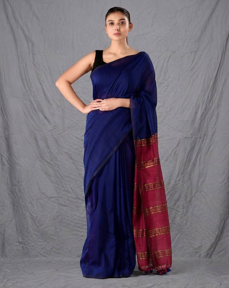 blue & maroon colourblocked cotton blend saree