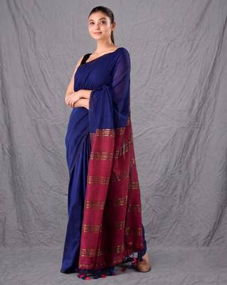 blue & maroon colourblocked cotton blend saree 2
