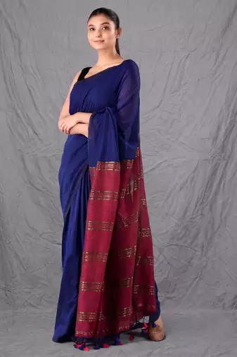 blue & maroon colourblocked cotton blend saree