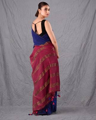 blue & maroon colourblocked cotton blend saree 3