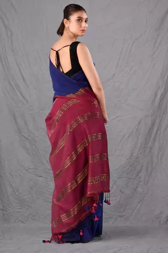 blue & maroon colourblocked cotton blend saree