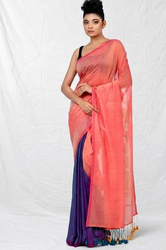 peach & purple cotton blend half half handwoven soft dual tone saree