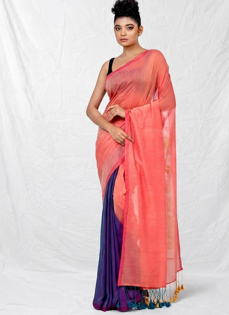 peach & purple cotton blend half half handwoven soft dual tone saree