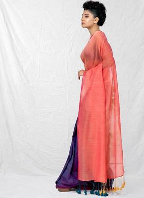 peach & purple cotton blend half half handwoven soft dual tone saree 2