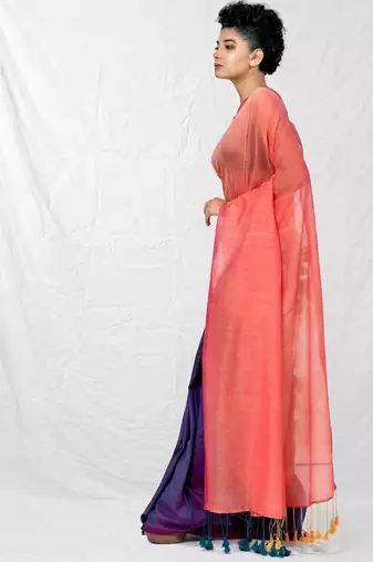 peach & purple cotton blend half half handwoven soft dual tone saree