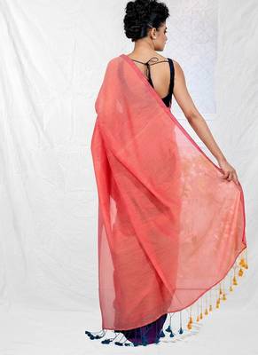 peach & purple cotton blend half half handwoven soft dual tone saree 3
