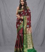 maroon embroidered motifs silk blend saree with zari borders