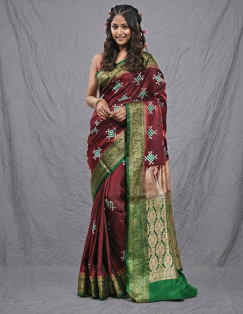 maroon embroidered motifs silk blend saree with zari borders