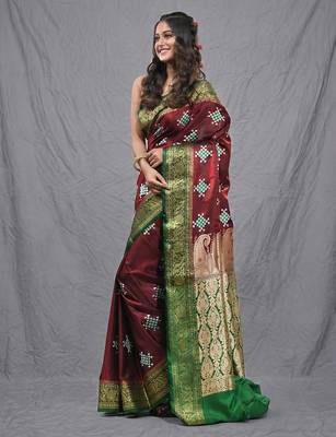 maroon embroidered motifs silk blend saree with zari borders 2
