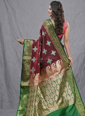 maroon embroidered motifs silk blend saree with zari borders 3
