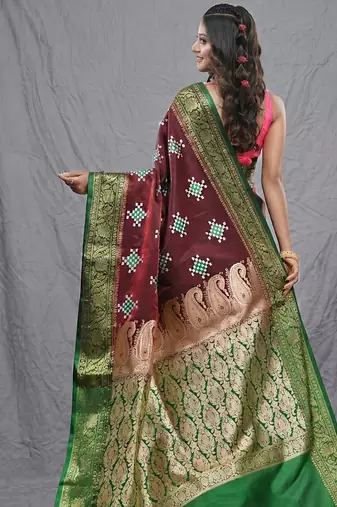maroon embroidered motifs silk blend saree with zari borders