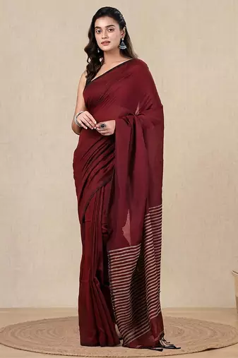 dark red cotton blend soft saree with stripes pallu