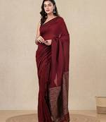 dark red cotton blend soft saree with stripes pallu