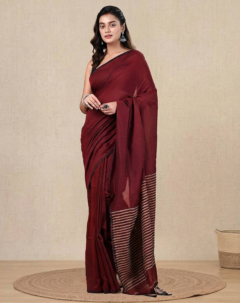 dark red cotton blend soft saree with stripes pallu