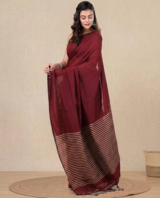 dark red cotton blend soft saree with stripes pallu 2