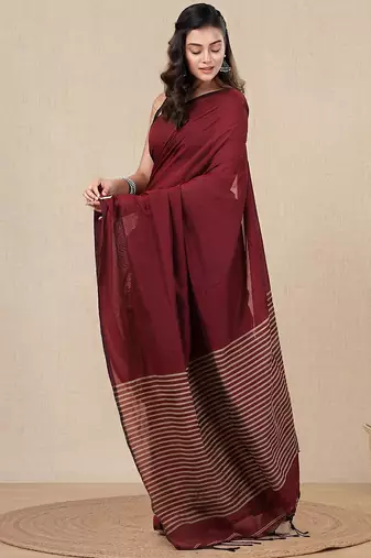 dark red cotton blend soft saree with stripes pallu