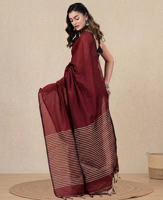 dark red cotton blend soft saree with stripes pallu 3