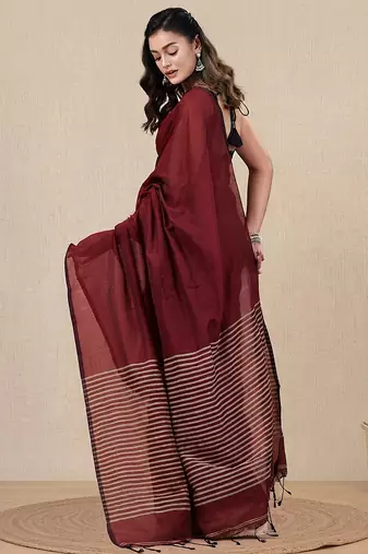 dark red cotton blend soft saree with stripes pallu