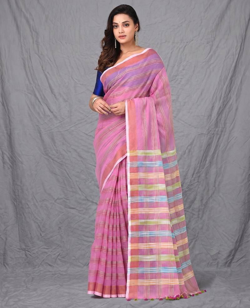 pink stripes cotton blend handspun soft saree
