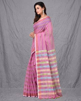pink stripes cotton blend handspun soft saree 2