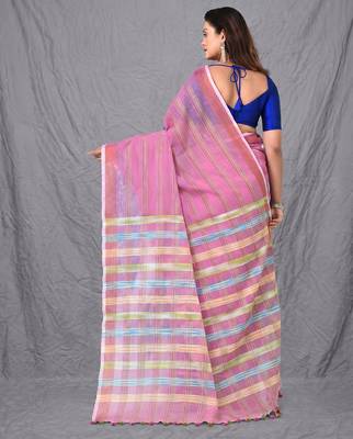 pink stripes cotton blend handspun soft saree 3
