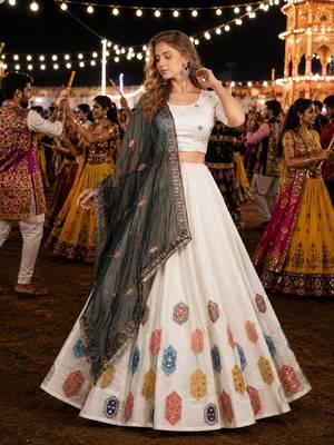 White Silk Blend Navratri Readymade Lehenga Choli with Thread Embroidery Work 1