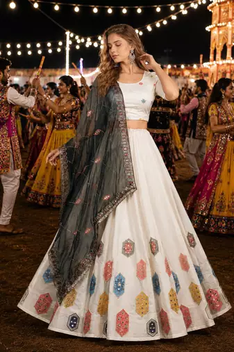 White Silk Blend Navratri Readymade Lehenga Choli with Thread Embroidery Work