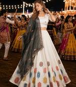 White Silk Blend Navratri Readymade Lehenga Choli with Thread Embroidery Work