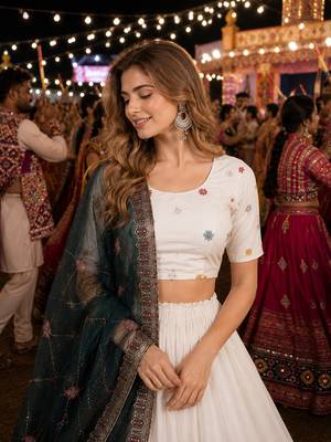 White Silk Blend Navratri Readymade Lehenga Choli with Thread Embroidery Work 2