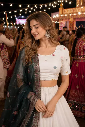 White Silk Blend Navratri Readymade Lehenga Choli with Thread Embroidery Work