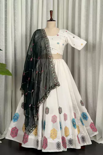 White Silk Blend Navratri Readymade Lehenga Choli with Thread Embroidery Work