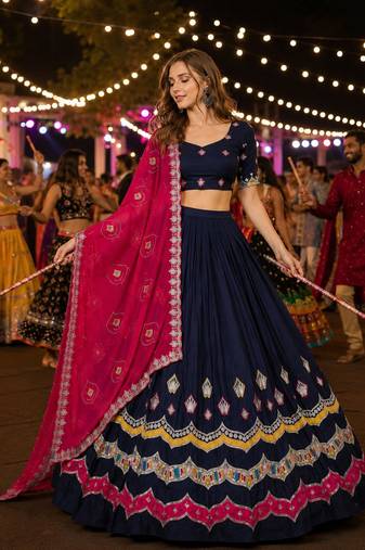 Navy Silk Blend Navratri Readymade Lehenga Choli with Thread Embroidery Work