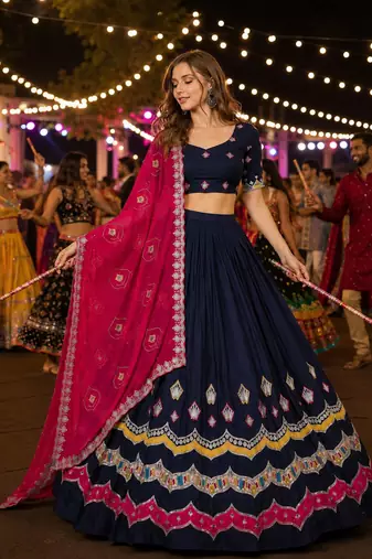 Navy Silk Blend Navratri Readymade Lehenga Choli with Thread Embroidery Work