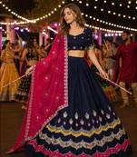 Navy Silk Blend Navratri Readymade Lehenga Choli with Thread Embroidery Work