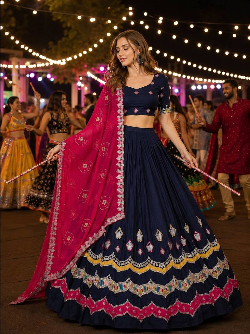 Navy Silk Blend Navratri Readymade Lehenga Choli with Thread Embroidery Work