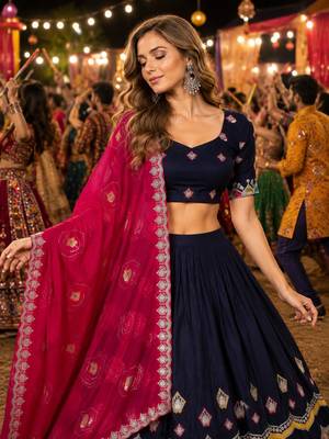 Navy Silk Blend Navratri Readymade Lehenga Choli with Thread Embroidery Work 2