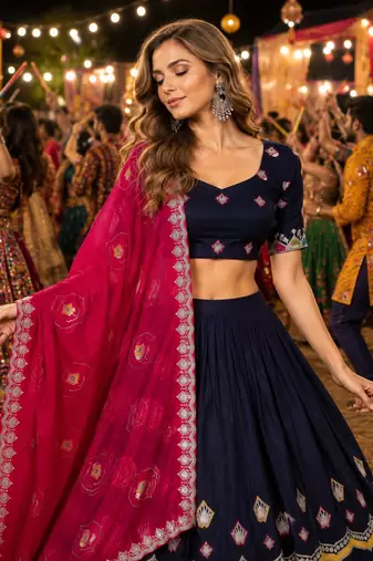 Navy Silk Blend Navratri Readymade Lehenga Choli with Thread Embroidery Work