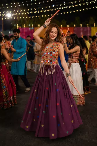 Wine Cotton Navratri Readymade Lehenga Choli with Thread Embroidery Work