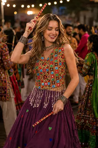 Wine Cotton Navratri Readymade Lehenga Choli with Thread Embroidery Work