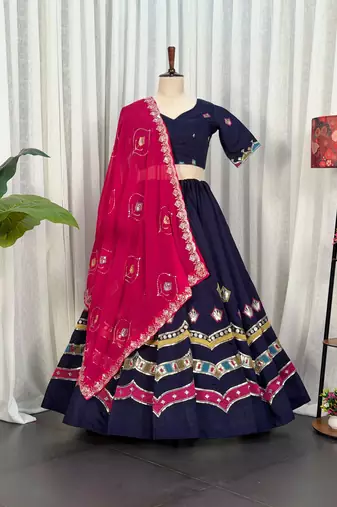 Navy Silk Blend Navratri Readymade Lehenga Choli with Thread Embroidery Work