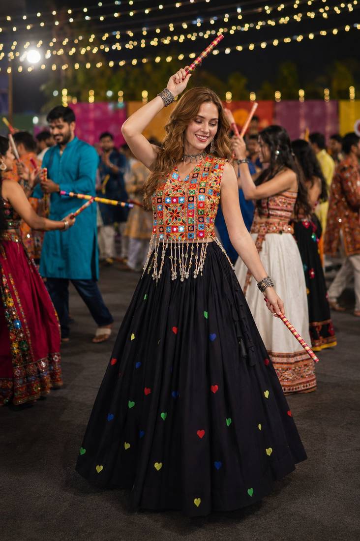Black Cotton Navratri Readymade Lehenga Choli with Thread Embroidery Work