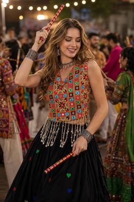 Black Cotton Navratri Readymade Lehenga Choli with Thread Embroidery Work 2