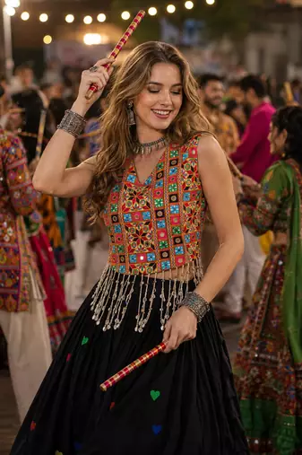 Black Cotton Navratri Readymade Lehenga Choli with Thread Embroidery Work