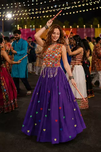 Purple Cotton Navratri Readymade Lehenga Choli with Thread Embroidery Work