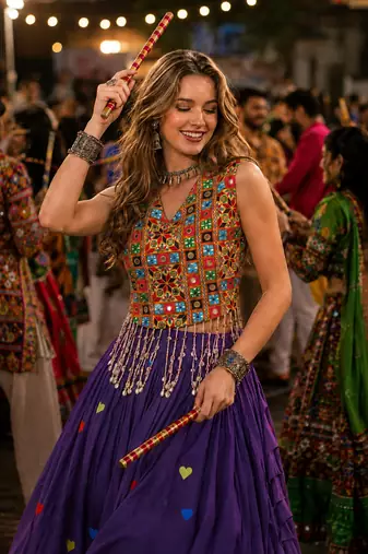 Purple Cotton Navratri Readymade Lehenga Choli with Thread Embroidery Work