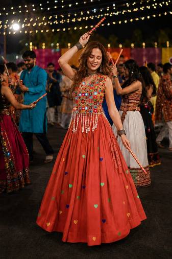 Orange Cotton Navratri Readymade Lehenga Choli with Thread Embroidery Work
