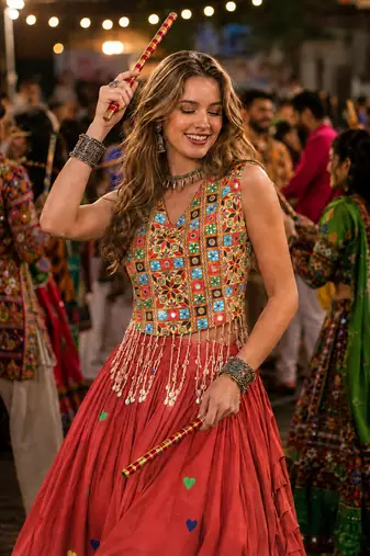 Orange Cotton Navratri Readymade Lehenga Choli with Thread Embroidery Work