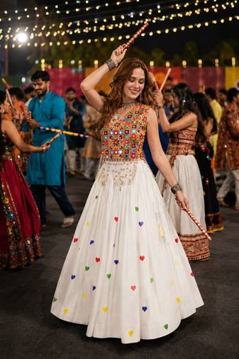 White Cotton Navratri Readymade Lehenga Choli with Thread Embroidery Work