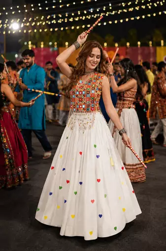 White Cotton Navratri Readymade Lehenga Choli with Thread Embroidery Work